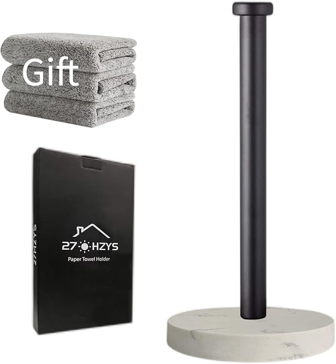 Paper Towel Holder Countertop, Standing Paper Towel Roll Holder for Kitchen Bathroom, with Weighted Marble Base for One-Handed Operation (Black), Black Paper Towel Holder, Marble