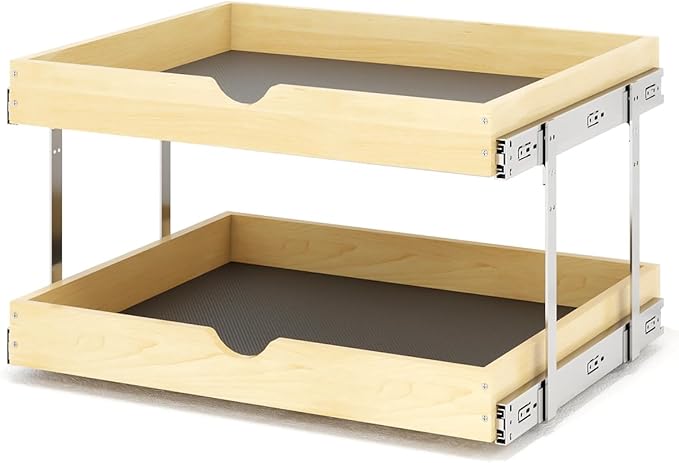 YORKING 2 Tier Pull Out Cabinet Organizer, 20" W x 21" D Wooden Cabinet Slide Out Shelves, Heavy-Duty Drawer Shelf for Pantry, Bathroom, Kitchen