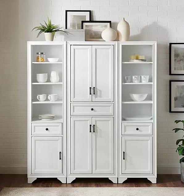 3-Piece Kitchen Storage Cabinet Set, Tall Pantry with Shelves and Drawers, Modern Farmhouse Style, (Distressed White)