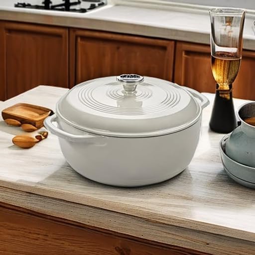 Lodge 3 Quart Enameled Cast Iron Dutch Oven with Lid ??Dual Handles ??Oven Safe up to 500째 F or on Stovetop - Use to Marinate, Cook, Bake, Refrigerate and Serve ??Oyster White