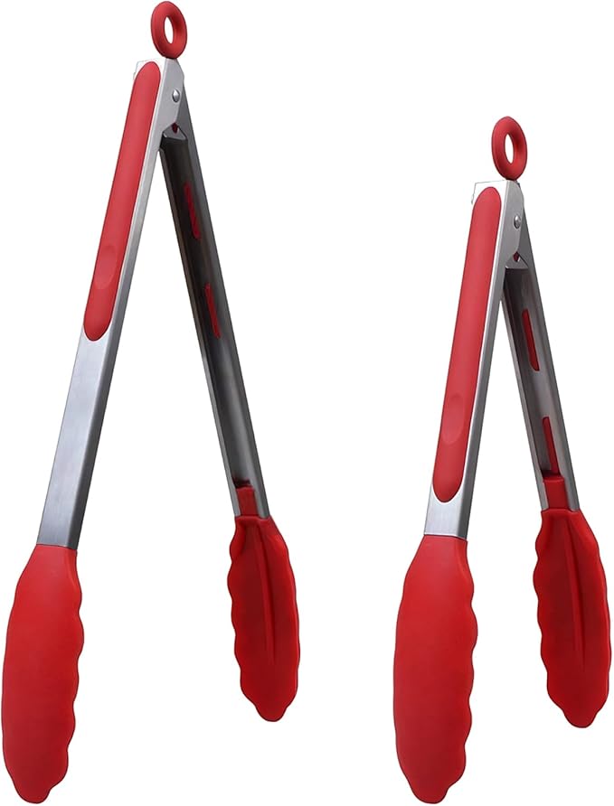 Kitchen Silicone Tongs for Cooking with Non-Slip Silicone Tips, 600째F Heat Resistant Cooking Food Tong Set Heavy Duty Stainless Steel Handle for Baking Grilling BBQ Serving, 2 Pack (9" & 12")
