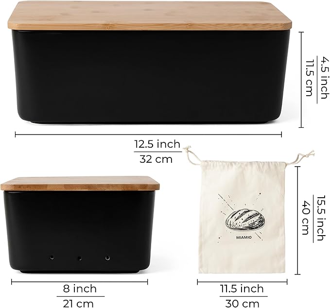 MIAMIO ??Bread Box for Kitchen Countertop/Ceramic Bread Box with Cutting Board, Bread Container with Bamboo Lid, 12.6 x 7.9 x 4.5 inches