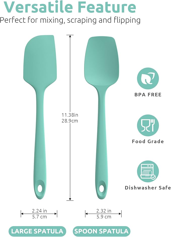 U-Taste Flat Spatula & Spoon Spatula: 11.38in 600쨘F Heat Resistant Silicone Bowl Scraper, Flexible Rubber Kitchen Cooking Mixing Utensil with Upgraded Non-Stick Surface (Set of 2, Aqua Sky)
