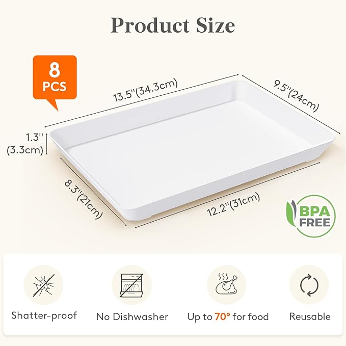 Lifewit Plastic Serving Tray for Party, 8 Pcs White Trays for Serving Food, Reusable Platters for Buffet, Fruit, Cookie, Charcuterie, Appetizer, Snack, Rectangle, New Year Party Supplies, BPA Free