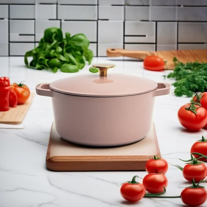 Milo by Kana 3.5-quart Enameled Cast Iron Dutch Oven with Lid | Premium Casserole Cooking Pot | Enamel Coating Inside and Out | Oven Safe and Dishwasher Friendly (Dusty Pink with Gold Knob)