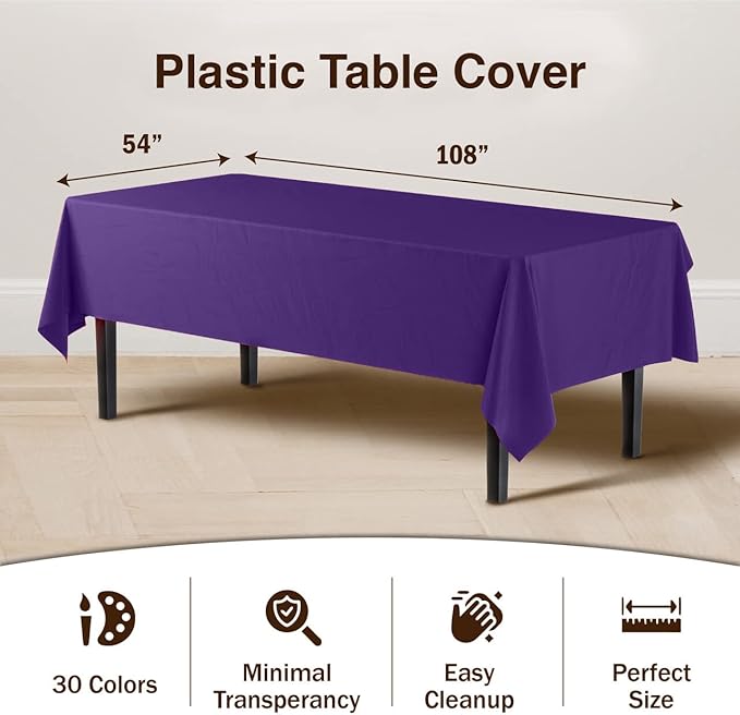 Party Solids 6-Pack Premium Plastic Tablecloth 54in. x 108in. Rectangle Plastic Table Cover - Purple