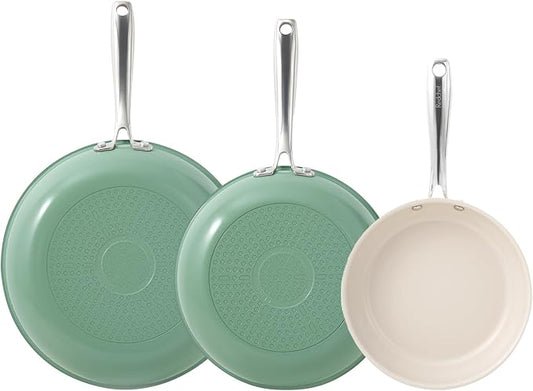 Redchef Non Stick Ceramic Frying Pan Set, Non Toxic Ceramic Pans for Cooking, 8" 9.5" 11" Skillet Set, No PFAS & PTFE & PFOA with Stainless Steel Handle, Dishwasher & Oven Safe Max up to 842째F (Green)