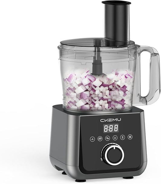 CKemu Smart Food Processor and Vegetable Chopper, 12 Cup Bowl, 6 Functions for Chopping, Slicing, French Fries, Purees & Dough, Food Chute & Pusher, Silver