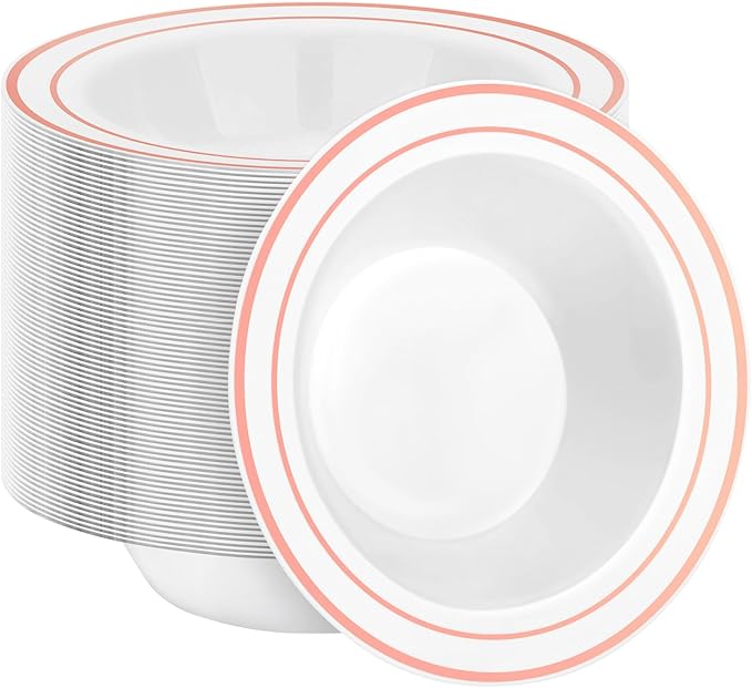BESTSTAR 100 Pack Disposable Soup Bowls with Rose Gold Rim, 12oz Premium Heavy Duty Plastic Dinner Bowls for Party, Wedding and Holiday