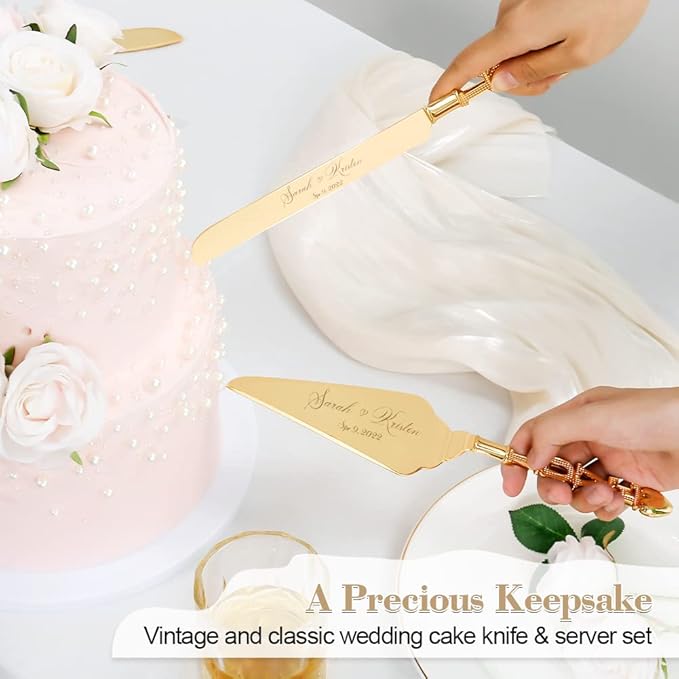 Wedding Cake Knife and Server Set, Personalized Gold Cake Cutting Set for Wedding, Engraved Classic Cake Knives Cutter Set, Pie Server, Birthday Bridal Quincea챰era Gift (CUS-Love)