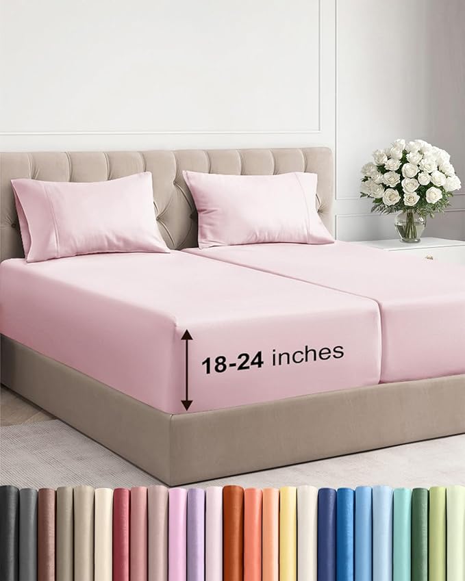 Extra Deep Pocket Split King Sheets - 5 Piece Breathable & Cooling Bed Sheets - Hotel Luxury Bed Sheet Set - Soft, Wrinkle Free & Comfy - Easily Fits Extra Deep Mattresses - Lavender Pink Sheets Set