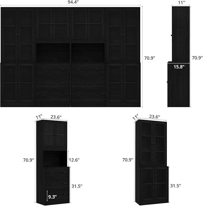 TUSY 71'' H Kitchen Hutch Storage Cabinet, 5-Tier Pantry Cabinet, Buffet Hutch with Drawers, China Cabinet with Glass Doors, Storage Cabinets for Dining Room, Kitchen, Living Room (Black)