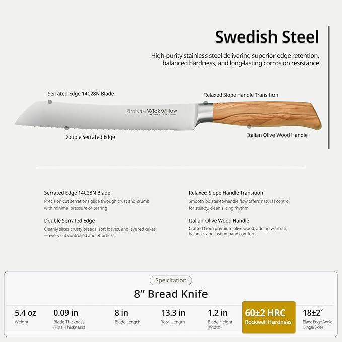 8 Inch Bread Knife ??Double Serrated Swedish Steel Sourdough Knife with Italian Olive Wood Handle ??Premium Serrated Knife for Homemade Bread, Pastries & Gifts for Home Bakers