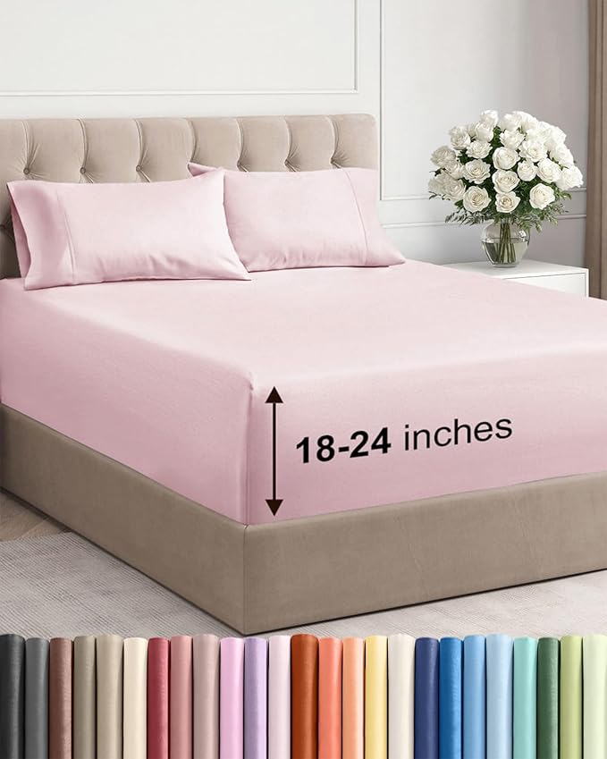Extra Deep Pocket King Sheets - 4 Piece Breathable & Cooling Bed Sheets - Hotel Luxury Bed Sheet Set - Soft, Wrinkle Free & Comfy - Easily Fits Extra Deep Mattresses - Deep Pocket Lavender Pink Sheets