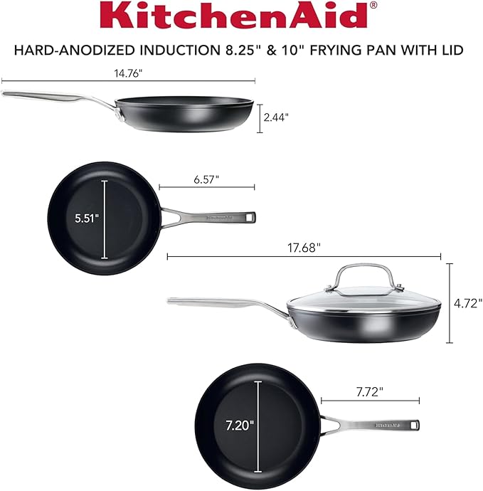 KitchenAid Hard Anodized Induction Nonstick Frying Pan Set With Lid, 3-Piece ??8 & 10 Inch Skillets, Durable, Even Heating, Dishwasher & Oven Safe, Easy-Clean, Matte Black