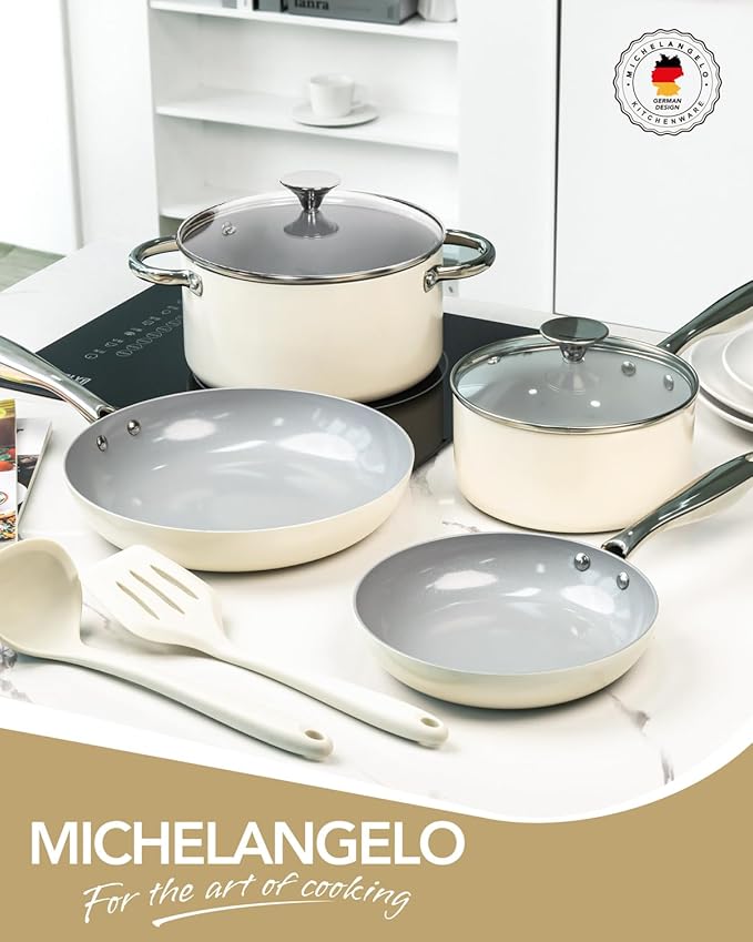 MICHELANGELO Pots and Pans Set Non Stick - Ceramic Cookware Set Non Toxic, 8-Pcs Nonstick Pots and Pans with Ergonomic Handle, Dishwasher Safe & Induction Compatible, Cream