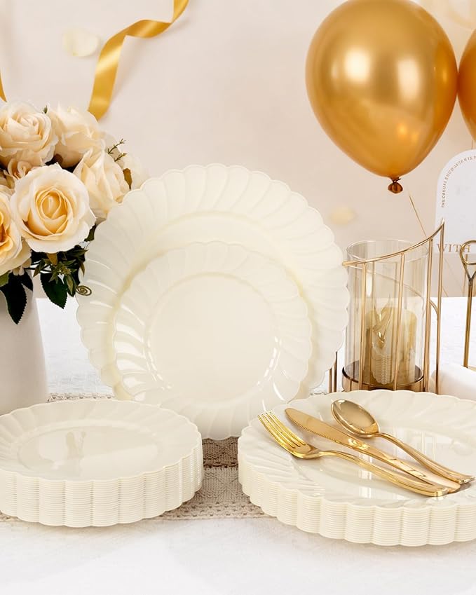 YOUBET 100PCS Ivory Scalloped Plastic Plates - Heavy Duty Disposable Fancy Hard Plates Include 50 Dinner Plate, 50 Dessert Plate, for Wedding & Party