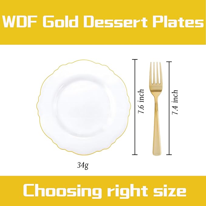 WDF 60pcs Gold Dessert Plates-7.5inch Baroque White and Gold Small Plastic Plates/Disposable Dessert/Salad/Appetizer Plastic Plate for Upscale Valentine's Day/Wedding/Birthday