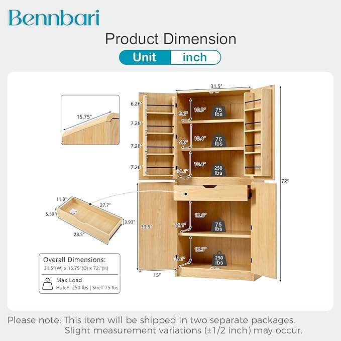 72" Tall Farmhouse Kitchen Pantry Cabinet with 8 Door Shelves, Curved Storage Cabinet with 3 Adjustable Shelves & Hidden Drawer, Versatile Cupboard for Kitchen, Dining & Bathroom (Natural)