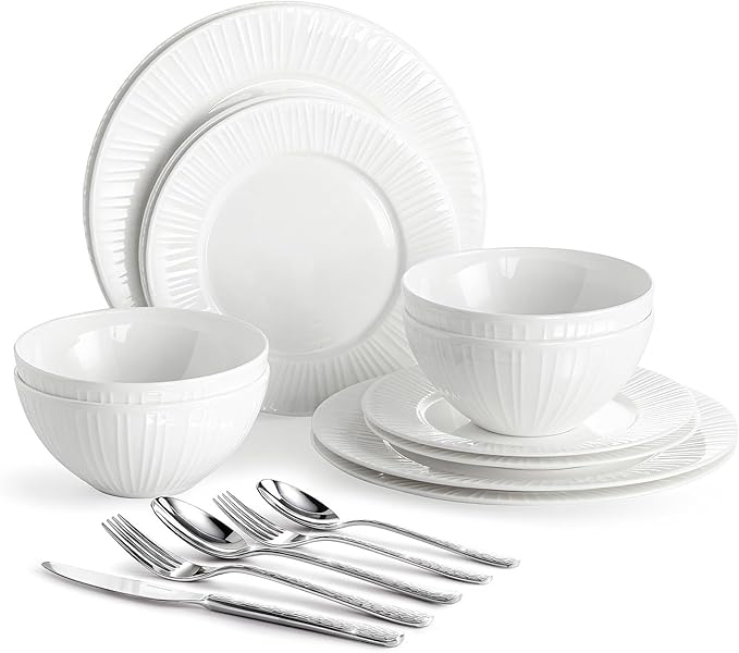 KINGSTONE 12-Piece Bone China Dinnerware Set with 20-Piece flatware, White Lightweight Porcelain Service for 4, for Family Dining, Restaurants, Gifting竊똌icrowave and Dishwasher Safe