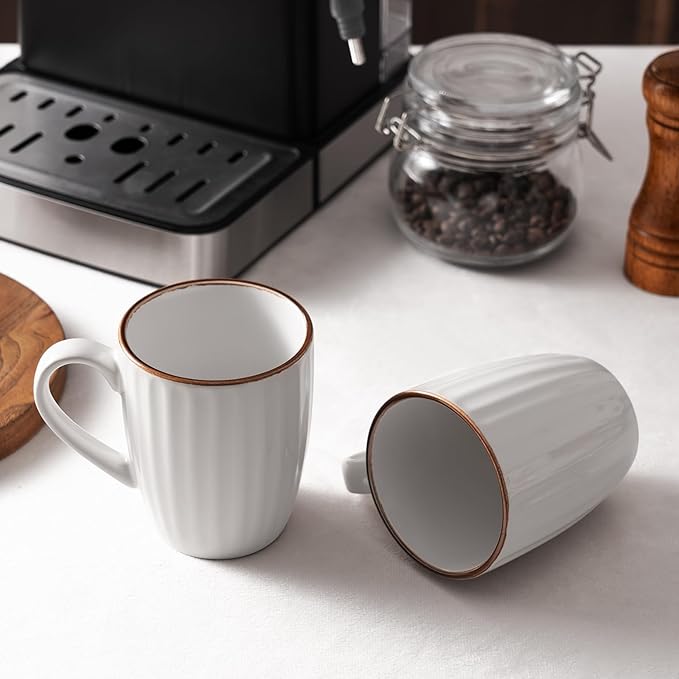 famiware Coffee Mugs Sets for 6, 12 oz Mug Set, Coffee Cups with Handle for Coffee, Tea, Cocoa and Milk, Microwave and Dishwasher Safe, White Stripe