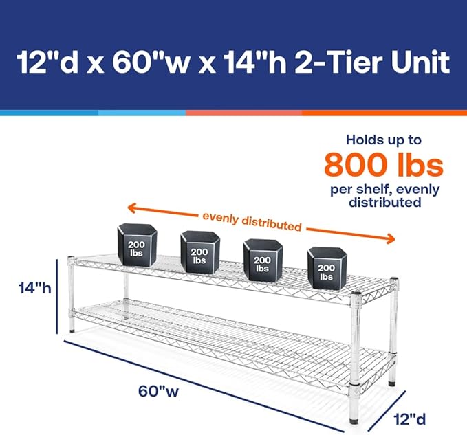 Shelving Inc. 12"d x 60"w Chrome Wire Shelving with 2 Tier Shelves, Weight Capacity 800lbs Per Shelf