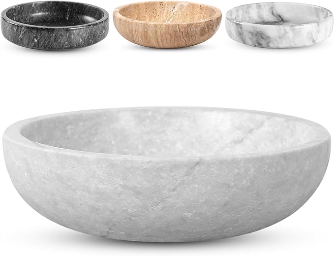 Travertine Decorative Bowl - 7.8??Diameter & 2??Height - Key Bowl for Entryway Table - Organic Modern Centerpiece - White/Gray