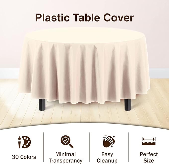 Party Solids 6-Pack Premium Plastic Tablecloth 84in. Round Plastic Table Cover - Ivory