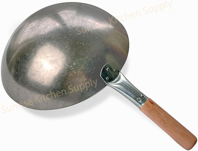 SUNRISE Kitchen Supply 1.8 mm Thickness Heavy Duty Hand Hammered Carbon Steel Wok 14 inch, Round Bottom