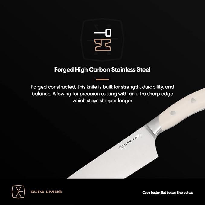 DURA LIVING 8-Inch Chef Knife ??Ultra-Sharp German High Carbon Stainless Steel, Full Tang, Ergonomic Handle, Multipurpose Kitchen Knife for Chopping, Slicing, and Dicing, Cream