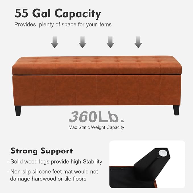 DECO DE VILLE Ottoman with Storage, 51 Inch End of Bed Storage Ottoman Bench, Faux Leather Upholstered Ottomans with Hinged Lid, Rectangle Long Foot Rest Bench for Living Room Bedroom Red Brown
