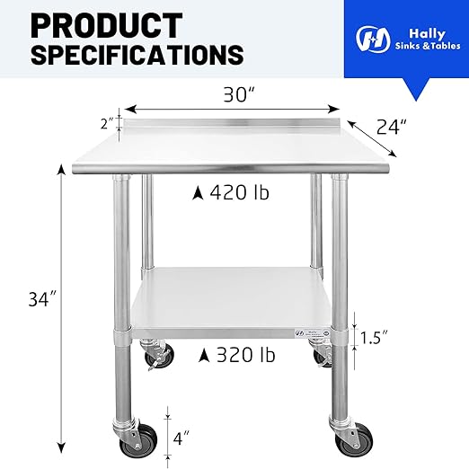 Hally Stainless Steel Table for Prep & Work 24 x 30 Inches with Caster Wheels, NSF Commercial Heavy Duty Table with Undershelf and Backsplash for Restaurant, Home and Hotel
