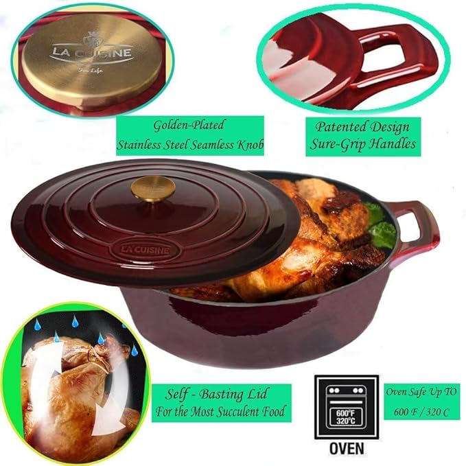La Cuisine Enameled Cast Iron Oval Dutch Oven Casserole Dish Pot with Lid 6.75 QT Internal Matte Black Enamel Coating for bread baking, Gold-Plated Stainless Steel Lid Handle, Oven Safe up to 500째 F. Cranberry