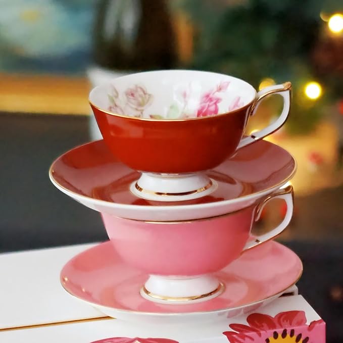 Aynsley Elizabeth Rose Fine Bone China Teacup and Saucer Set - 6.76oz Hand-Painted Gold-Trimmed Floral Vintage Set, Fancy Gift for Christmas/Wedding/New Year(Red)