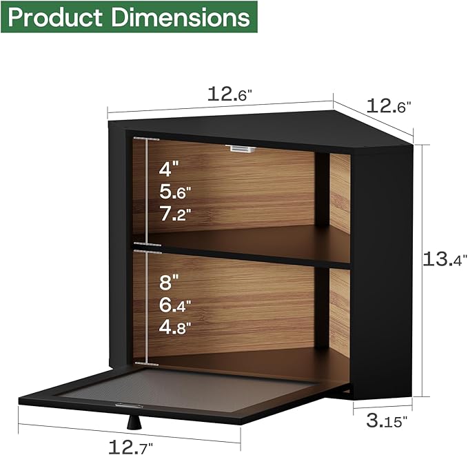 Black Corner Bread Box for Kitchen Countertop - Bamboo Wood, Wavy Acrylic Door, Adjustable 2-Layer Bread Storage Container, Large Bread Holder