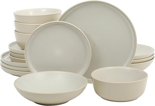 Gibson Elite Tribeca Loft 16-Piece Dinnerware Set ??Matte Cream and White Reactive Glaze Stoneware, Double Bowl Round Plates and Bowls ??Modern Neutral Tableware for 4, Dishwasher & Microwave Safe