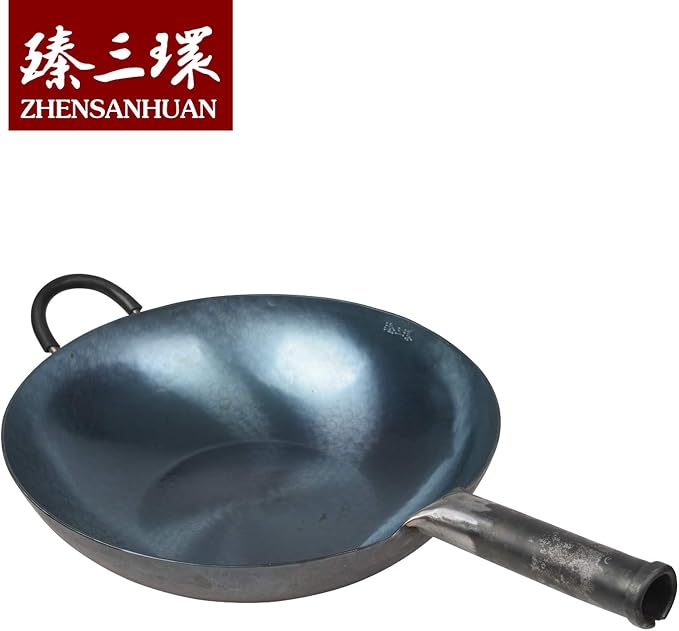 ?삡툒??ZhenSanHuan HandHammered Iron Wok Flat Bottom Induction Suitable (34CM Iron Handle with Help)