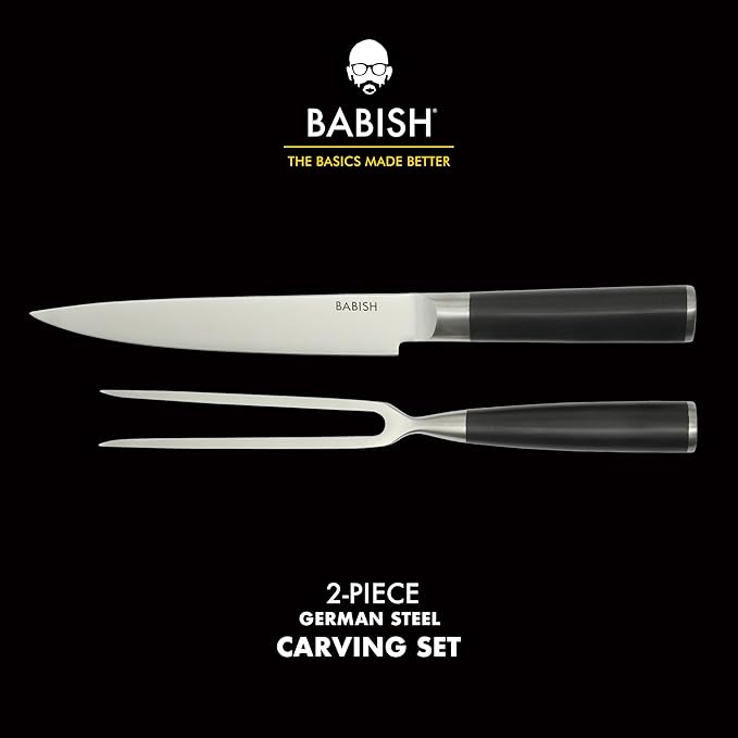 Babish 2-Piece Carving Knife and Fork Set ??8-Inch Stainless Steel Carving Knife with 6.5-Inch Fork ??Precision Cutlery for Turkey, Roast, and Meat Carving ??Ergonomic ABS Handles