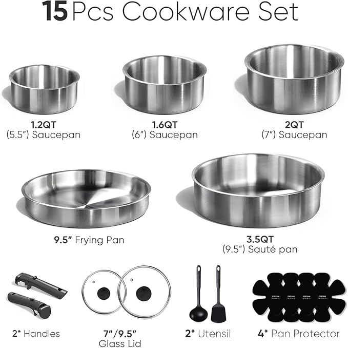 CAROTE Pots and Pans Set, Stainless Steel Cookware Set Detachable Handle, 15pcs Induction Kitchen Cookware Sets with Removable Handle, RV Cookware Set, Oven Safe