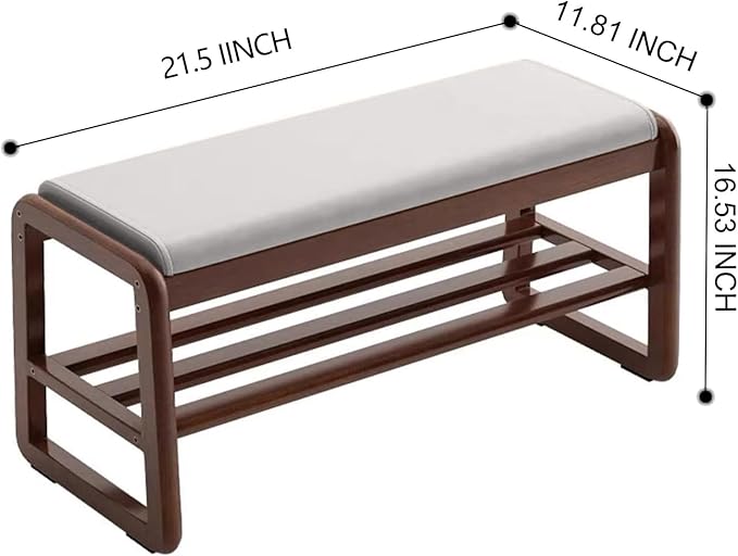 Fetuero Solid Wood Shoe Bench, 2-Tier Wooden Storage Entryway Bench, Small Entryway Bench, Mid-Century Modern Bedside Bench with Faux Leather Cushion for Dining Room Living Room, Cream Grey 21.65''