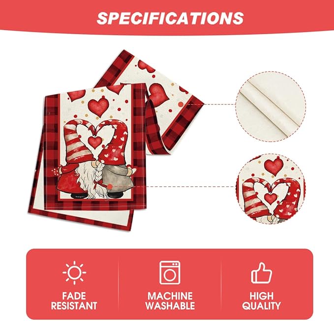 Artoid Mode Red Watercolor Hearts Gnomes Love Valentine's Table Runner, Seasonal Anniversary Wedding HoliKitchen Dining Table Decoration for Indoor Outdoor Home Decor 13 x 108 Inch