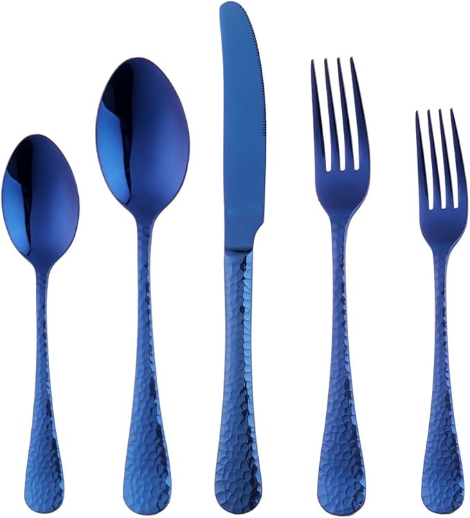 Blue Silverware Set, 20 Piece Premium 18/8 Stainless Steel Hammered Kitchen Utensil Flatware Cutlery Sets of 4, Mirror Polish, Dishwasher Safe