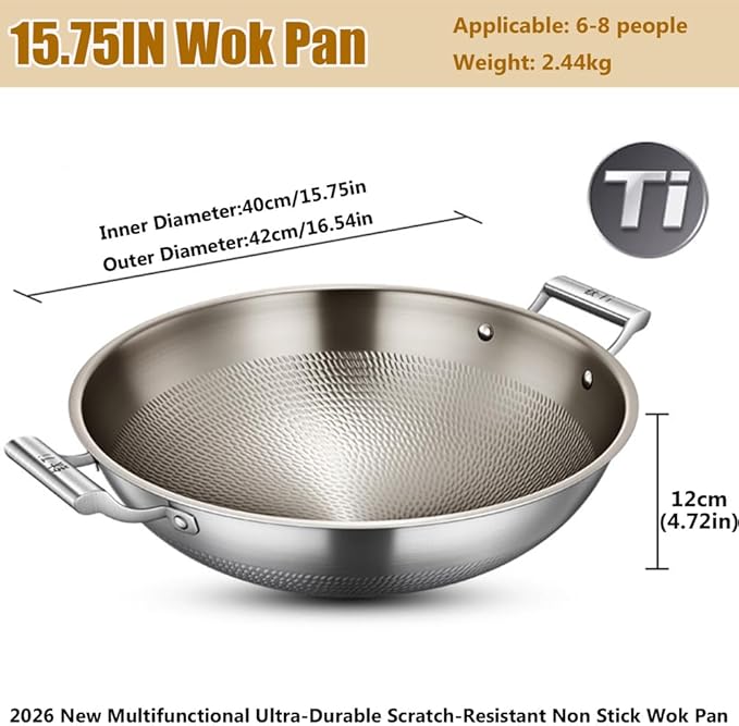 Titanium Hammered Wok with Double Handles, 2026 New Multifunctional Ultra-Durable Scratch-Resistant Non Stick Even Heating Titanium Wok for Cooking,No lid,15.75IN