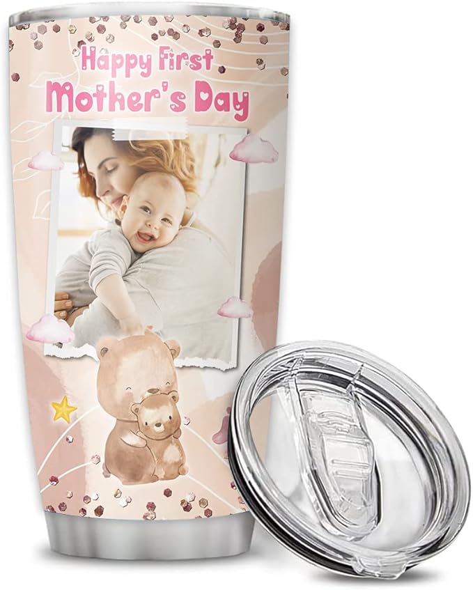 Personalized First Mothers Day Tumbler Gift For New Mom, Wife From Husband, Birthday Mothers Day Christmas Gifts For Women, Wife, Expecting Mom Gift, Custom Photo Frame Insulated Travel Cup 20oz 30oz