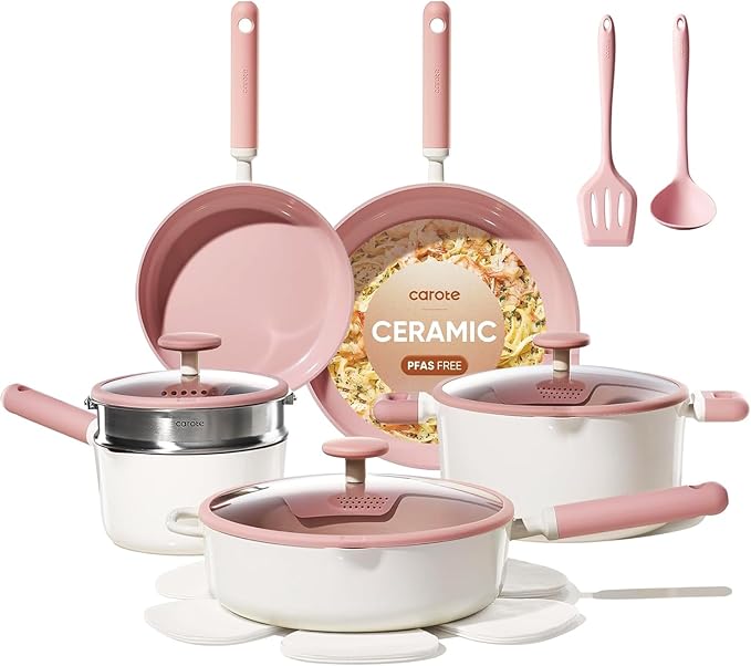 CAROTE Ceramic Cookware Set Nonstick, 15pcs Pots and Pans Set Non stick, Non Toxic Cookware,Dishwasher,RV/Camping Cookware Set, Pan and Pot with Kitchen Utensils, Pink
