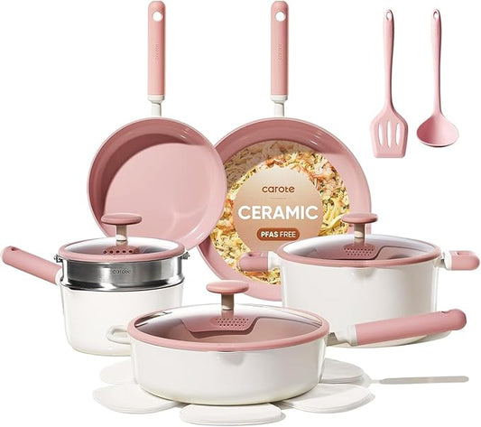CAROTE Ceramic Cookware Set Nonstick, 15pcs Pots and Pans Set Non stick, Non Toxic Cookware,Dishwasher,RV/Camping Cookware Set, Pan and Pot with Kitchen Utensils, Pink