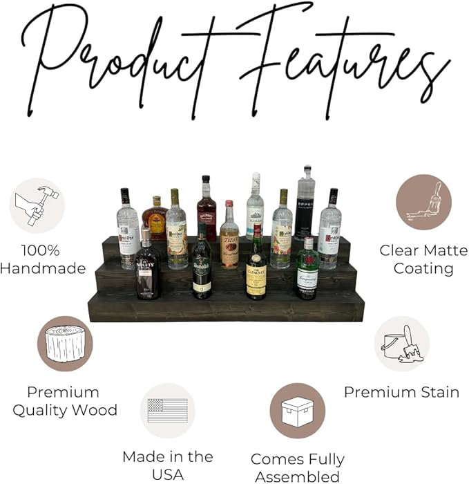 Handmade Tiered Display Shelving - Three Tier Bar Display - Bar Organizer - Liquor Bottle Display (42" with Back, Black)