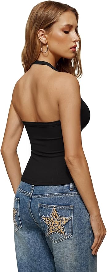 REORIA Womens Backless Halter Tank Top Sleeveless V Neck Fitted Camisole