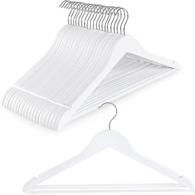 TOPIA HANGER Wooden Coat Hangers 20 Pack, White Wood Suit Hangers with Non Slip Pants Bar, 360째 Swivel Hook and Shoulder Notches for Camisole, Jacket, Pants, Smooth Finish Clothes Hangers - CT34W20