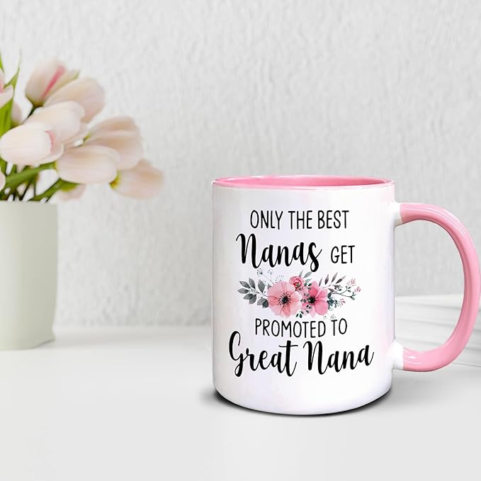 QASHWEY Nana Gifts Coffee Mug, Only the Best Nanas Get Promoted to Great Nana Coffee Cups Ceramic 11oz, NanaBirthday Gifts for Women, Grandma Gifts from Grandchildren Ceramic Tea Cup 11 Ounce(Pink)